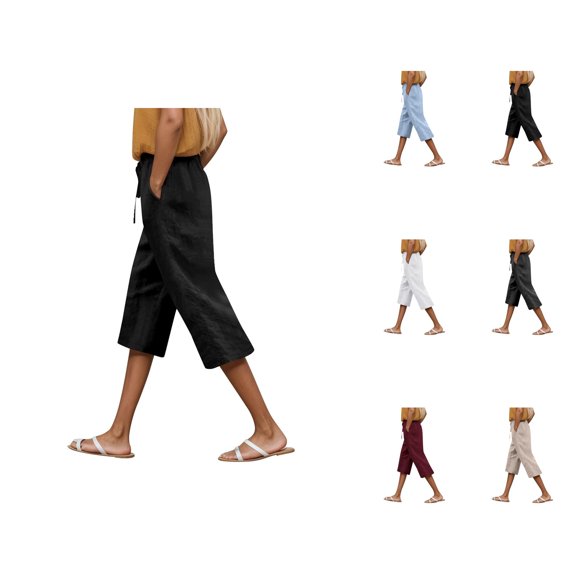 Capri Pants for Women 2025 Solid Color Elastic Waist Lightweight Loose Capris with Pockets Womens Cropped Pants