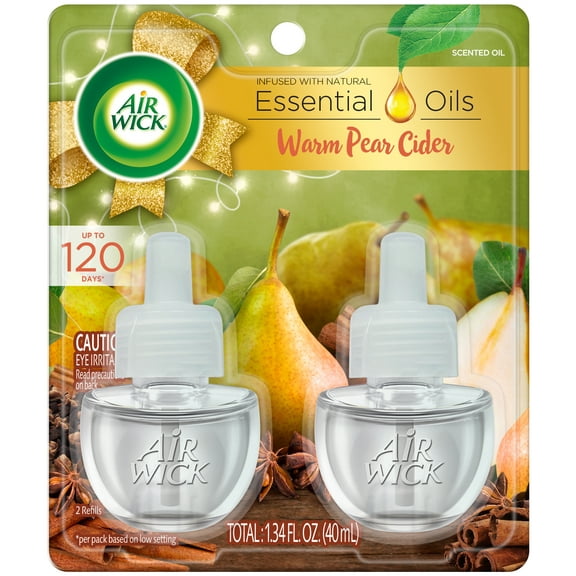 Air Wick Plug in Scented Oil 2 Refills, Warm Pear Cider , Essential Oils, Air Freshener
