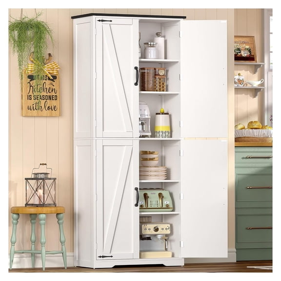 Tall Pantry Cabinet 4 Doors, 2 Adjustable Shelves Farmhouse Kitchen Storage
