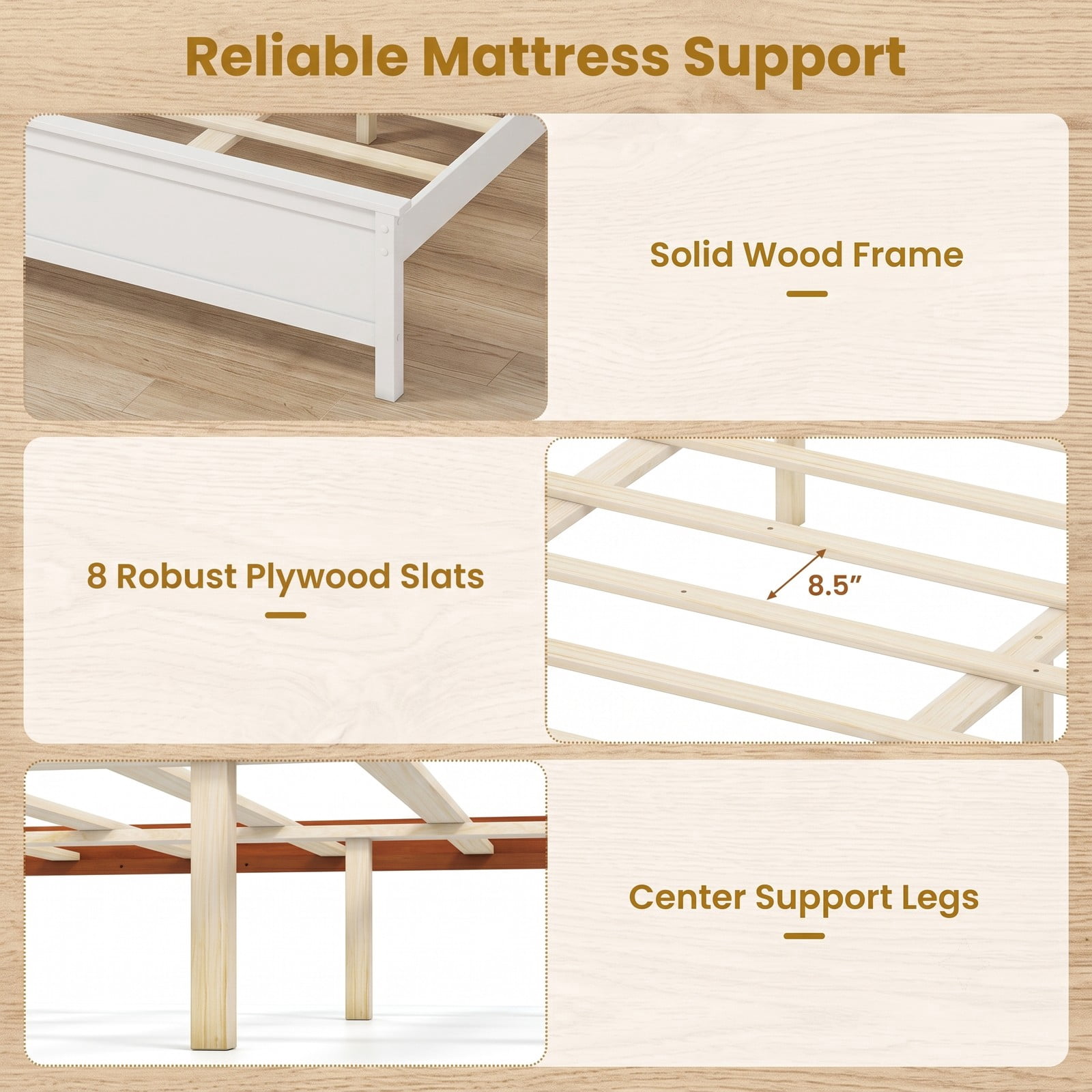 Furnibear King Size Bed Frame, Solid Wood Platform Bed Frame with Curved Headboard and Footboard, King Bed Frame with Headboard No Box Spring, White