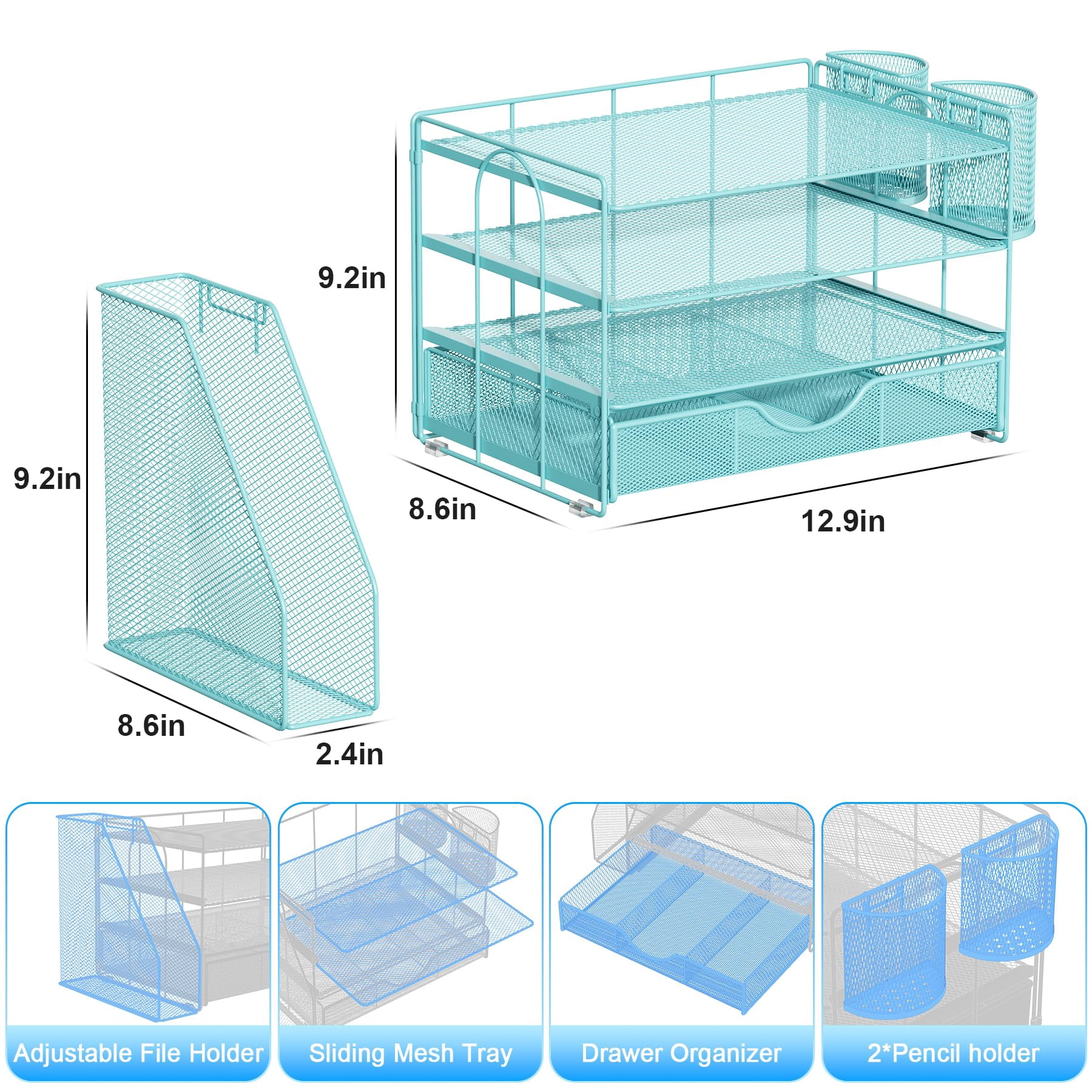 Desk Organizers And Accessories With File Holder  4-tier & Workspace Drawer 2 Pen Paper Organizer For Office Supplies (blue)