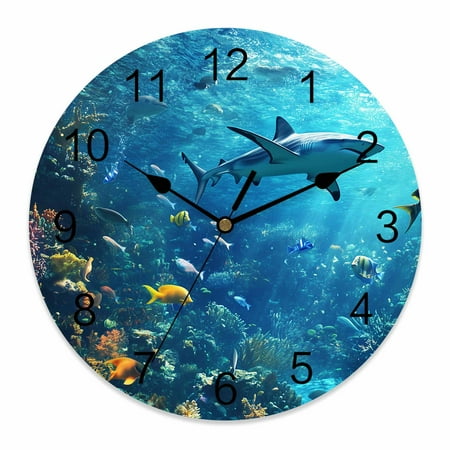 Wall Clock Ocean Seabed Clocks PVC Silent Non-Ticking Battery Operated Decorative Coral Shark Fish Round Clock for Home Living Room Kitchen Bedroom Office School Wall Decor 14 Inch