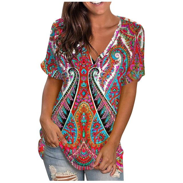 Camisetas con estampado de cuello redondo para mujer Camiseta de manga corta Blusa Tops sueltos OAVQHLG3B Store lin121212