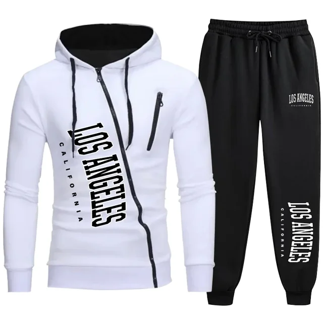 Chándal popular para hombre 2024, chaqueta con cremallera con estampado de Los Ángeles y pantalones deportivos para correr, conjunto de 2 piezas, sudaderas con capucha informales, ropa