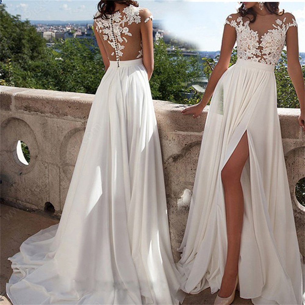 Pengxiang Women s Wedding Dress Lace V Neck Evening Dress Bridal Gown Beach Wedding White Xl