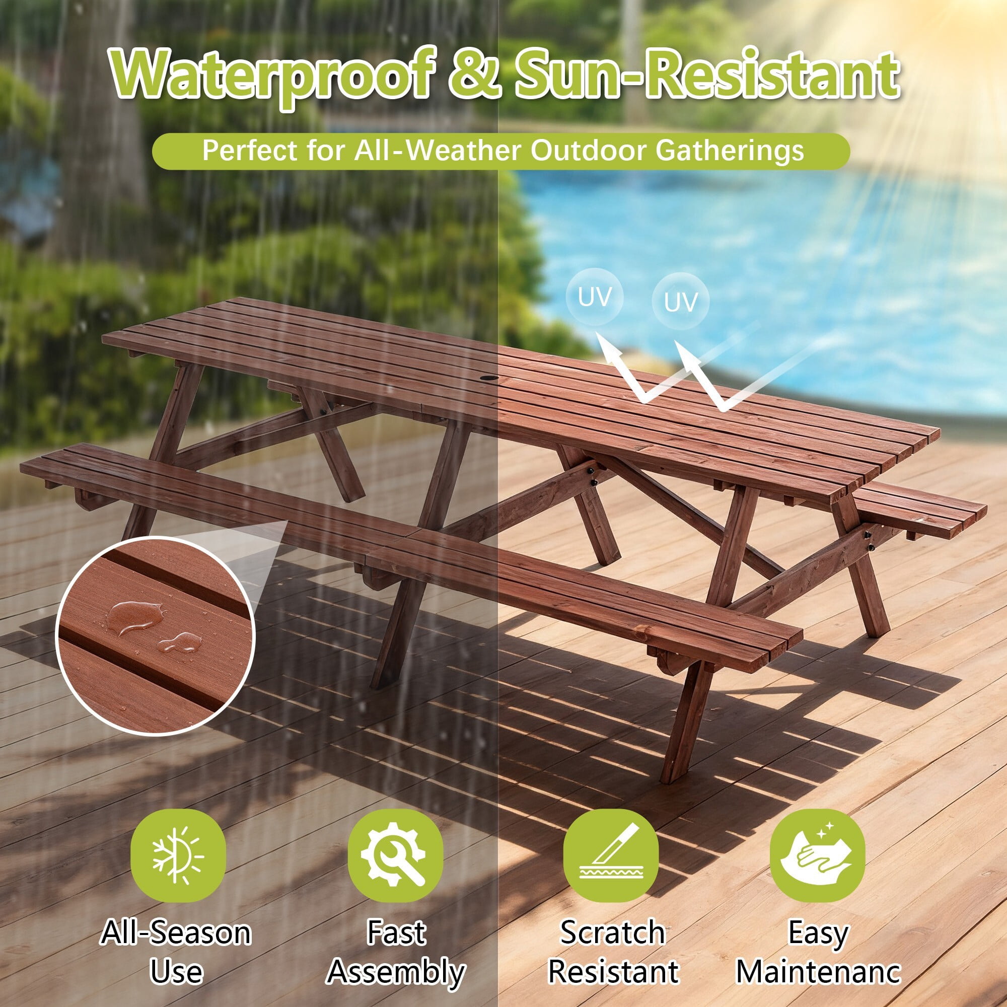 DEALTOPS 8ft Class Extra Long Wooden Picnic Table Seats 12, Heavy Duty Outdoor Patio Dining Set with Umbrella Hole