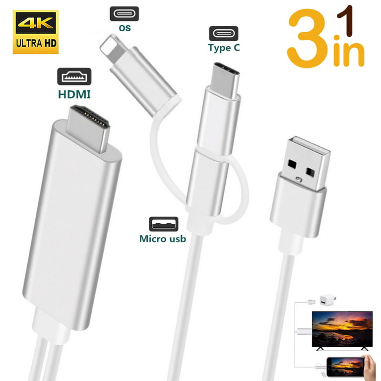 Poesía Hacer las tareas domésticas Necesario 3 in 1 Phone to HDMI Cable, HD 6.6ft Type-C/OS/Micro USB to HDMI TV  Projector 1080P MHL HDMI Cable Compatible for iOS Android Samsung to TV  Mirroring Cable - Walmart.com