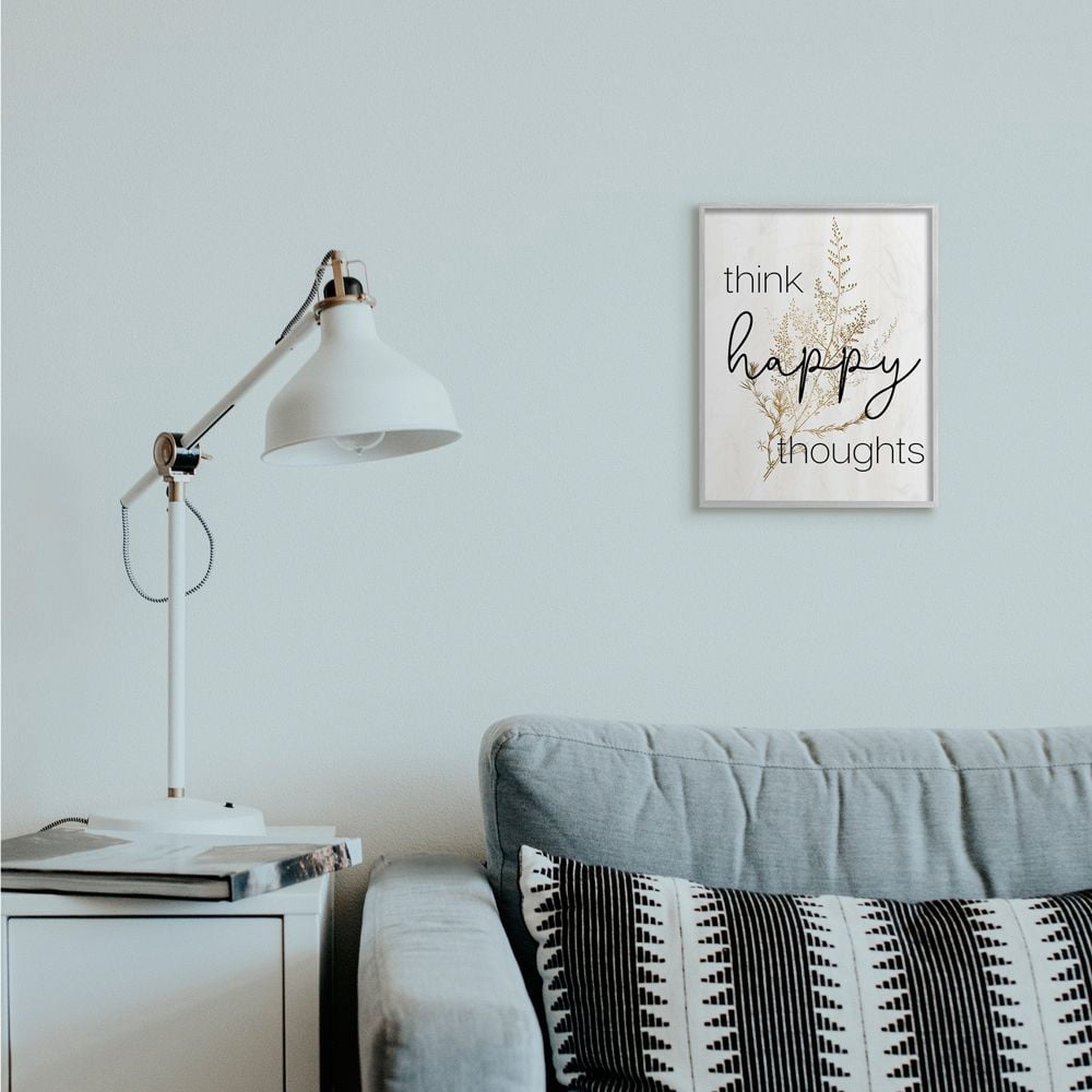 Stupell Industries Think Happy Thoughts Quote Minimal Thistle Design Framed Wall Art Design by Daphne Polselli, 11" x 14", Gray Framed
