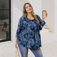 thumbnail image 4 of Plus Size Tops for Women Casual 3/4 Sleeve Blouses Loose Fit Pleated Tie-Dye Blue Shirt, 4 of 7