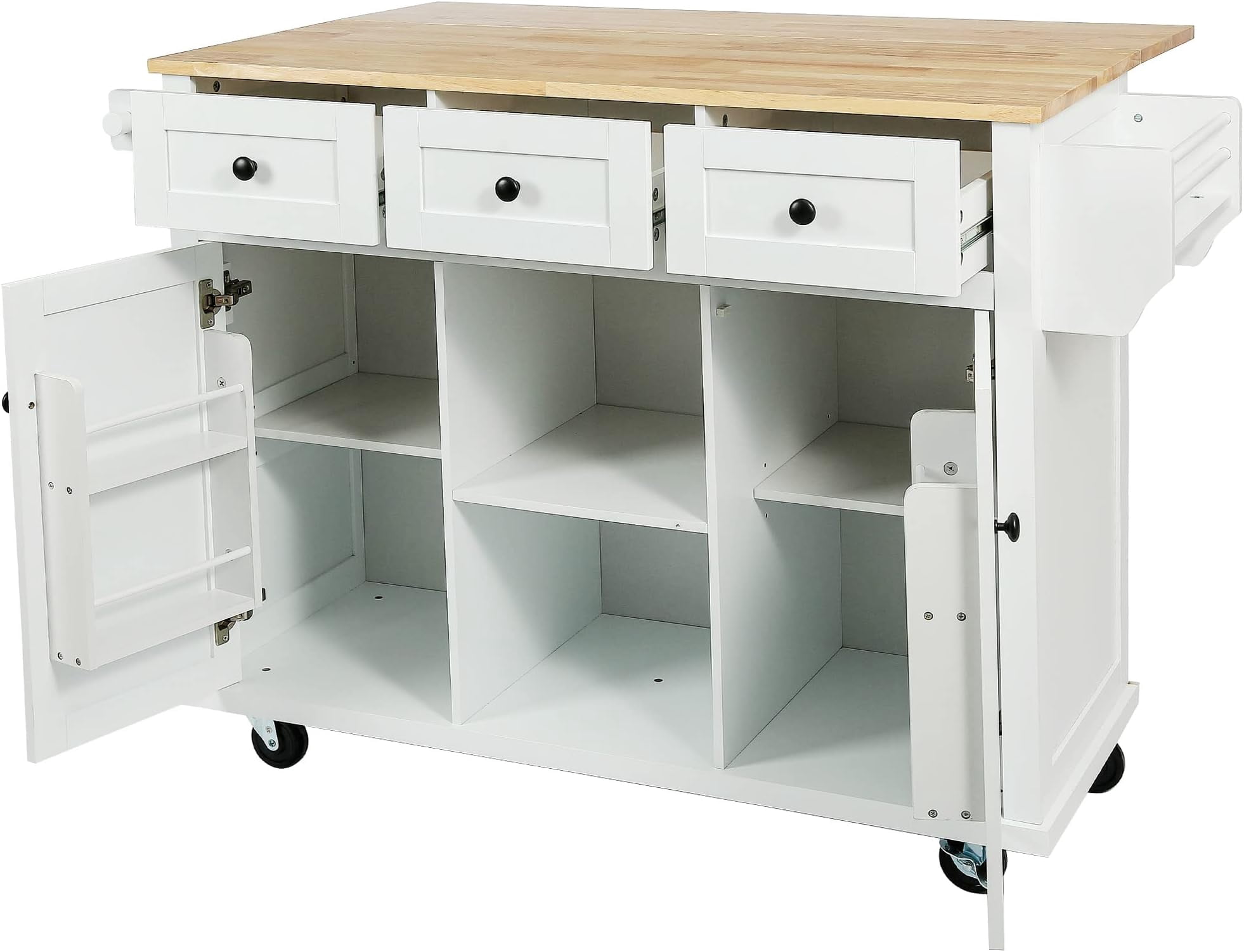 JESTOP Rolling Kitchen Island with 3 Drawers and 2 Cabinets, Kitchen Cart on Wheels with Drop Leaf, Wood Portable Trolley Island with Cabinet Door Storage Racks, for Dinning Room