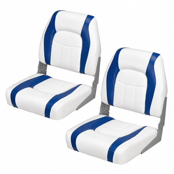 SPECSTAR Folding Low Back Boat Seats 2 Pack , Waterproof Marine Fishing Captain Boat Chairs with 4 Mounting Screws, White and Blue