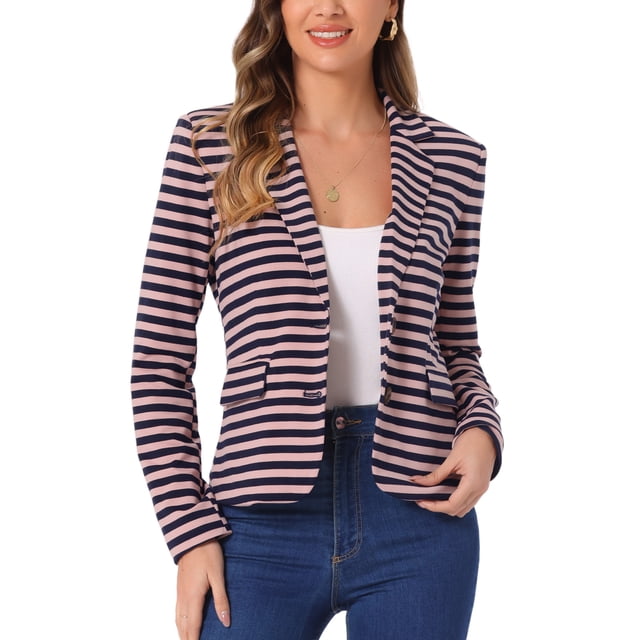 BLAZER A RAYAS DE LARGA MANGA CON SOLAPA NOTCH PARA MUJERES INSPIRE CHIC EN AZUL MARINO Y ROSA