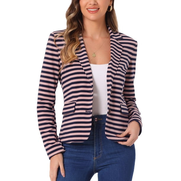 BLAZER A RAYAS DE LARGA MANGA CON SOLAPA NOTCH PARA MUJERES INSPIRE CHIC EN AZUL MARINO Y ROSA