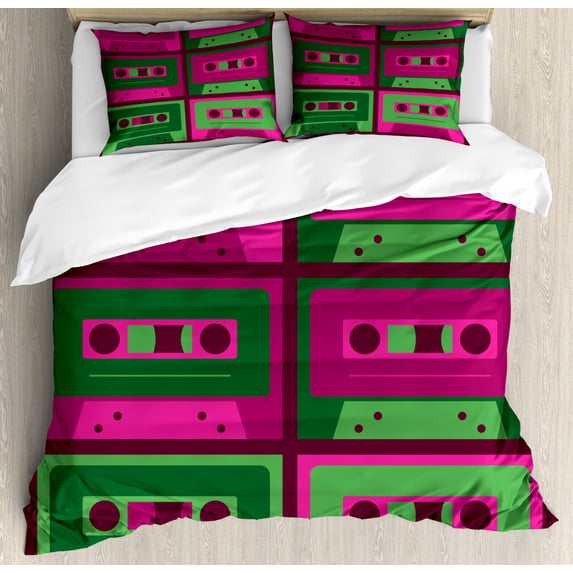 Old School Duvet Cover Set Queen Size, Cool and Vintage Cassettes Retro Technology in Bicolour Tones, Decorative 3 Piece Bedding Set with 2 Pillow Shams, Dark Magenta and Fern Green, by Ambesonne