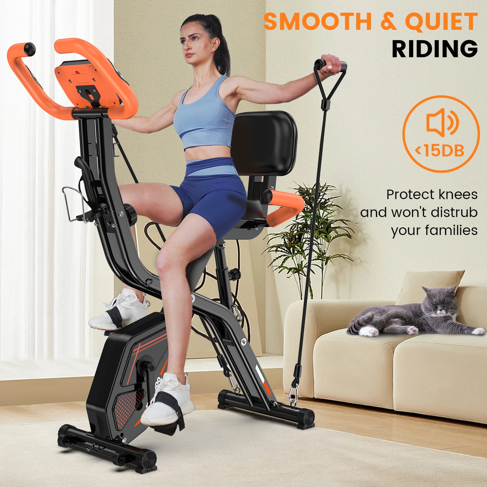 pooboo 4-in-1 Exercise Bike, Foldable Stationary Bike, Tri-Position Indoor Cycling Bike with 8-Level Resistance, Arm Resistance Bands, Pulse Sensor & Back Support Cushion for Home Gym Workout