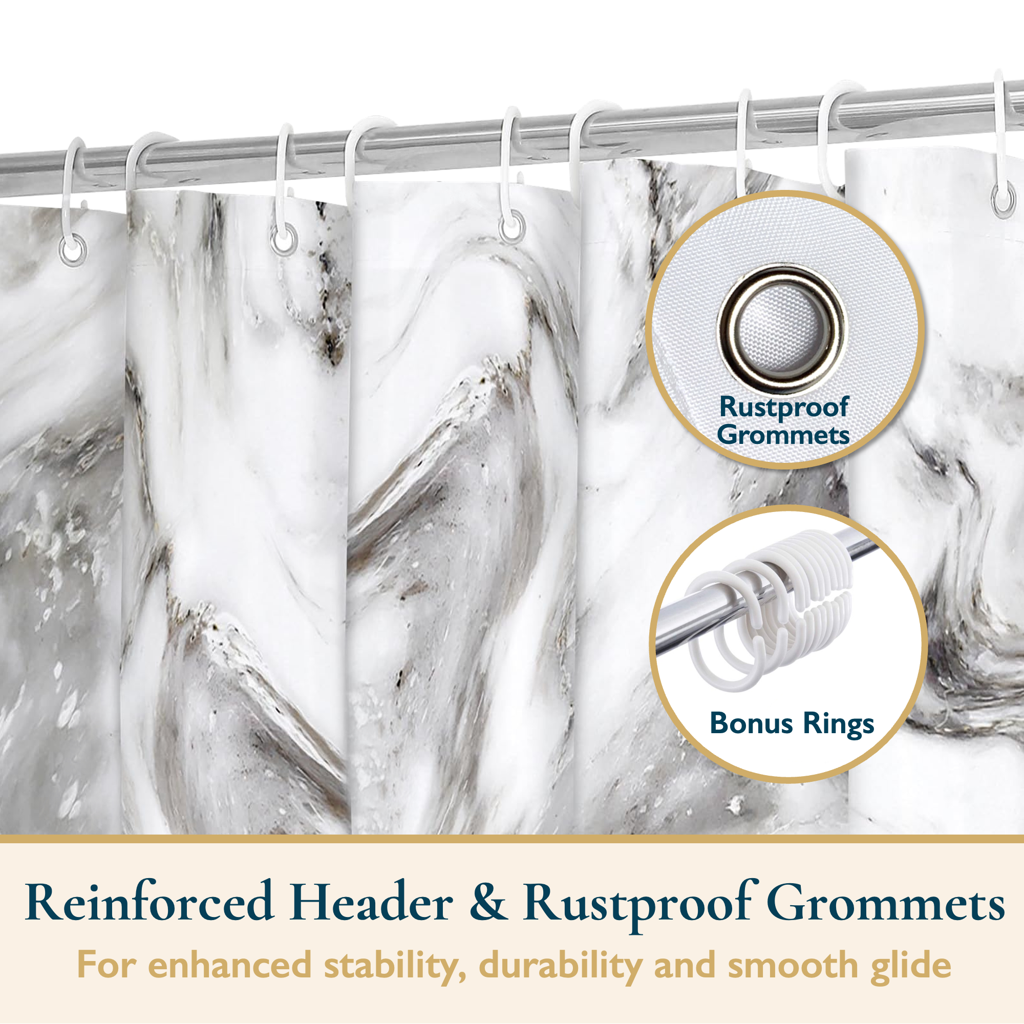 ComfiTime Marble Shower Curtain, Gray, 72x72", With Hooks photo 6