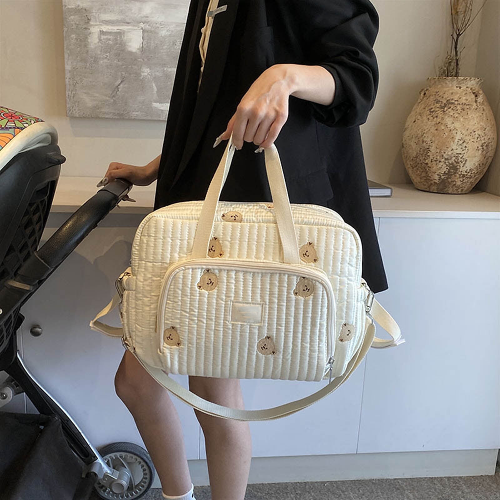 PALIFEUR Diaper Bag Tote Large Capacity Baby Bag Travel Diaper Tote Bag, Hospital Bag for Labor Delivery, Baby Bag with Pacifier Case for Mom Father Medium Size, White