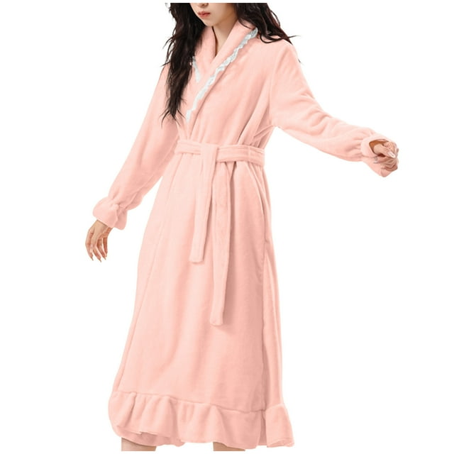 WRKEKC Womens Long Robes for Women Long Sleeve Solid Color Extended Warm Pockets Coral Fleece Ruffled Sleepwear Bathrobe