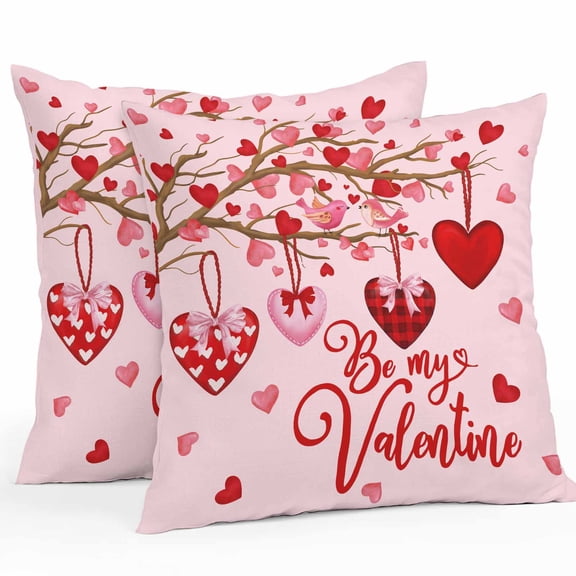 Outdoor Throw Pillows Covers 18X18 Set of 2 Waterproof Pink Valentine's Day Decorative Zippered Cushion Covers for Patio Furniture, Red Love Heart Tree Lumbar Pillowcases Be My Valentine