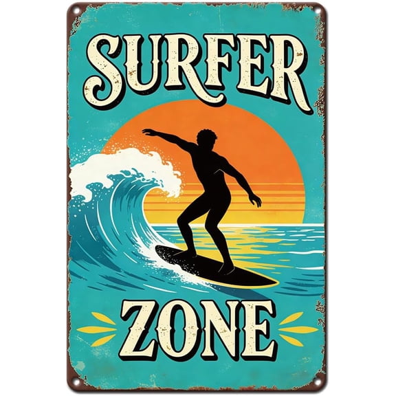 Metal Surfing Wall Sign Sunset Wave Door Plaque for Home Bathroom Pub Cafe Decor 8 x 12 in