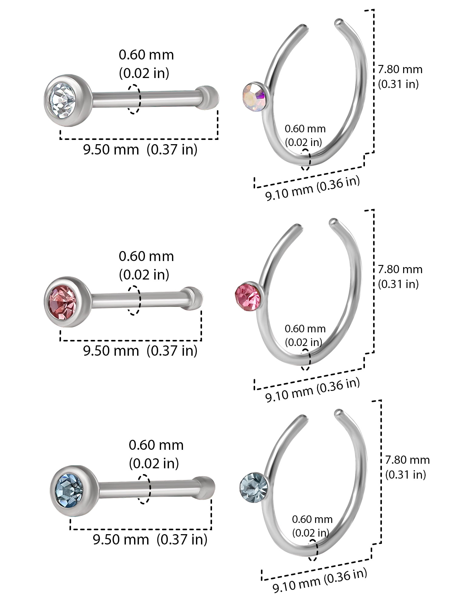 Body Jewelry Women's 16G Surgical Steel Crystal Nose Studs and Hoops, 6 Pack in Mixed Colors