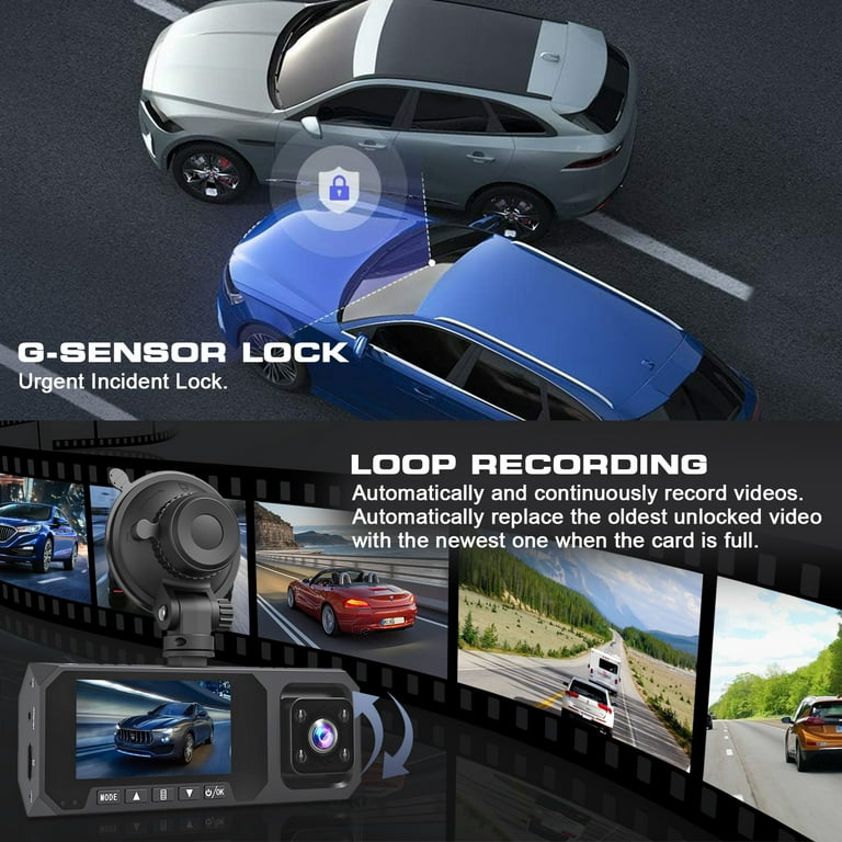 AUOSHI 3 Channel Dual Dash Cam Front Rear 4K/2.5K+1080P 3.16 Full HD with  Wi-Fi GPS Free 64GB SD Card Car Dashboard Recorder IPS Screen Night Vision  Wide Angle WDR 24H Parking Mode