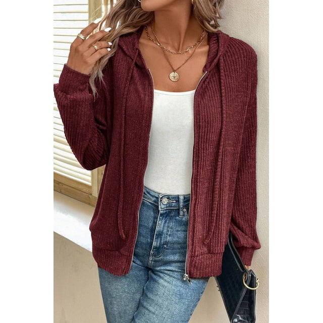 I AM A FASHION JUNKY Red Dahlia Ribbed Zip Up Front Drawstring Hoodie (RedDahlia, L, 85%Polyester+10%Viscose+5%Elastane)