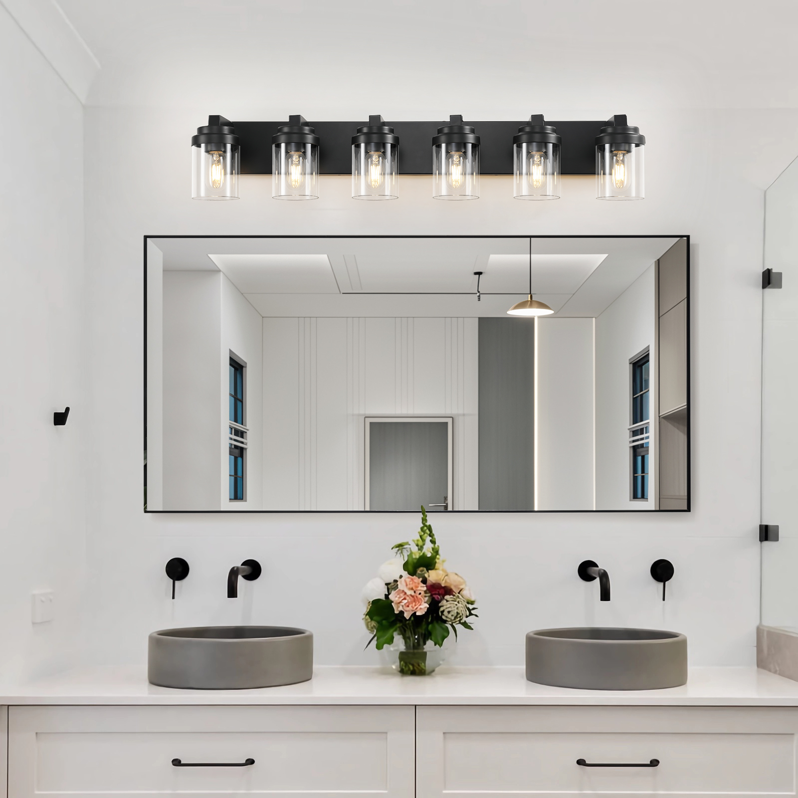 Miniyam 6 Light Bathroom Vanity Light, Matte Black Light Fixtures with Clear Glass Shade Over Mirror for Bedroom Living Room (E26,Bulb Not Included)