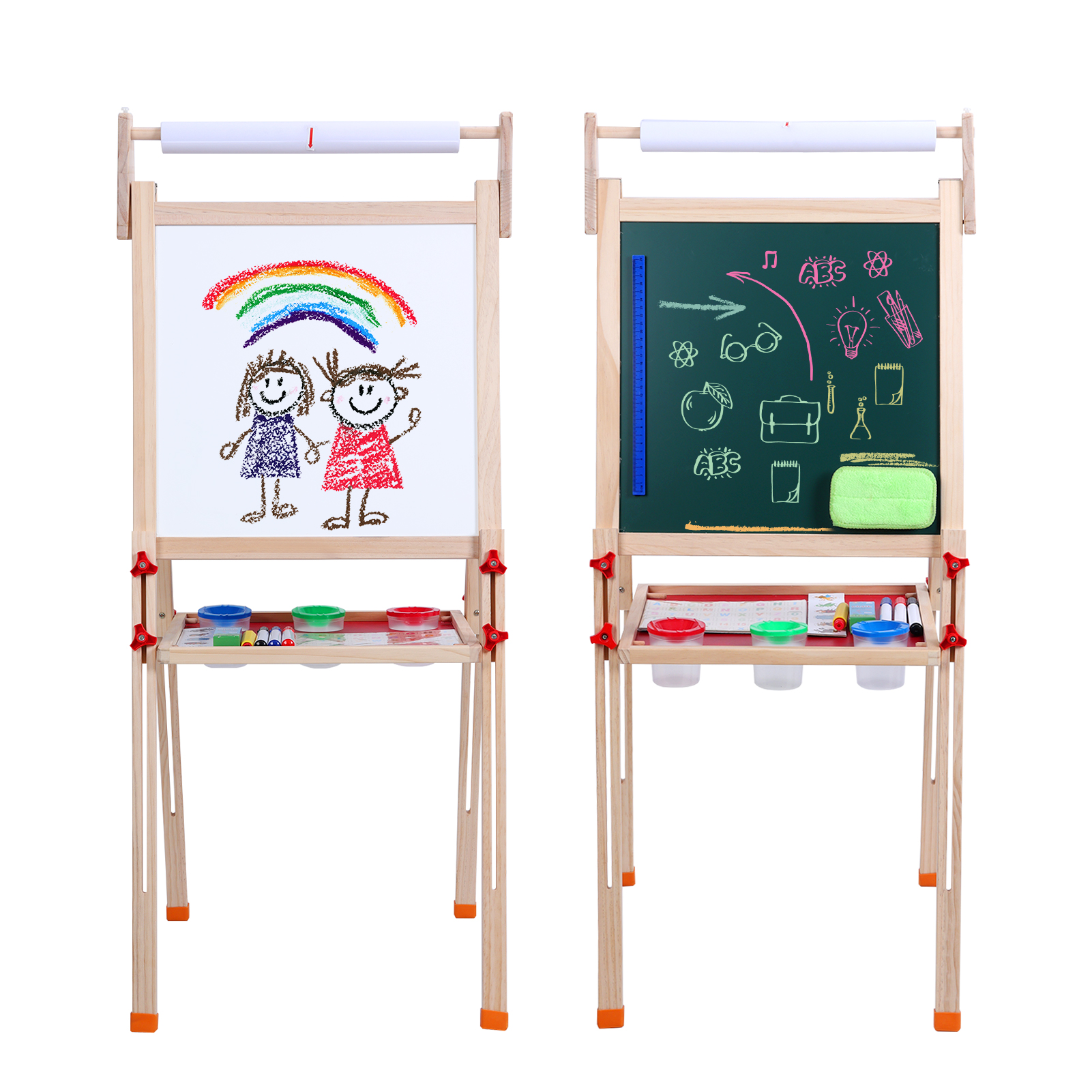 Kids Easel, Toddlers Art Easel, Wooden Kid Easel with Paper Roll, Height Adjustable Magnetic Double Sided Easel, Kids Dry Erase Board