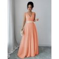 thumbnail image 5 of Coral Pink Sleeveless V-Neck Lace Bodice Cinched Waist A-Line Maxi Party Dress For Women, 5 of 6