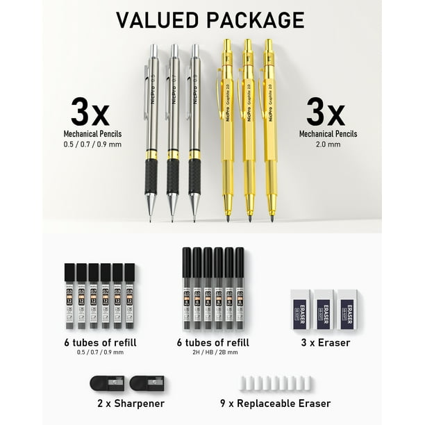 Nicpro 6pcs Mechanical Pencil Set, 0.5, 0.7, 0.9 & 2mm Gold