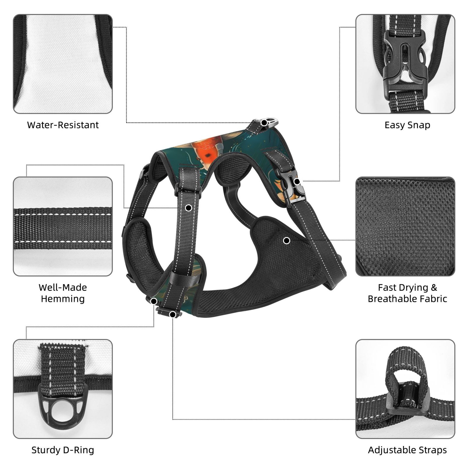 Fuzoiu Koi Pond Lilies Print Reflective Dog Harness,Adjustable, Breathable Pet Vest,Dog Harness No Pull,No Choke Pet Vest for Small, Medium, and Large Dogs-Large