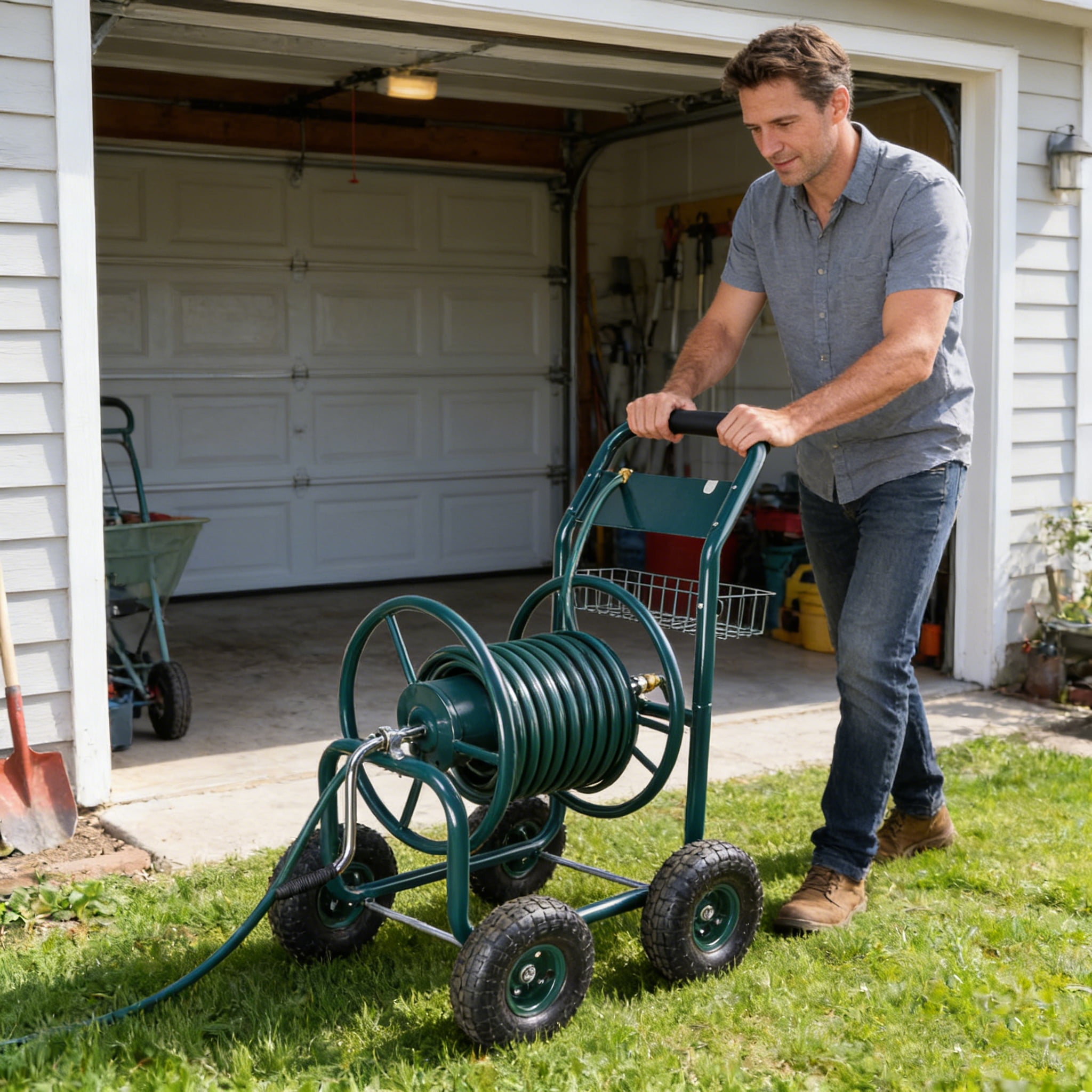 Garden Hose Reel Cart, 4 Wheels Portable Garden Hose Reel Cart with Storage Basket Rust Resistant Heavy Duty Water Hose Holder