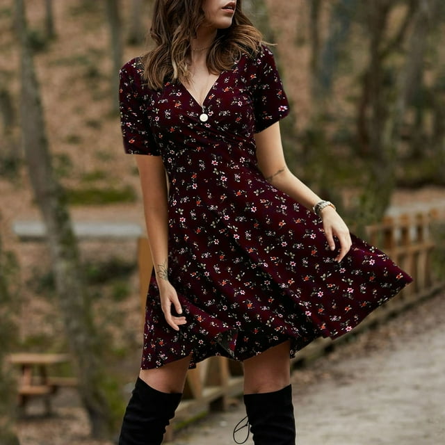 AMERTEER Robe à Manches Courtes Col en V pour Femmes Mnycxen Rétro Élégante Soirée Boîte de Nuit Décontractée