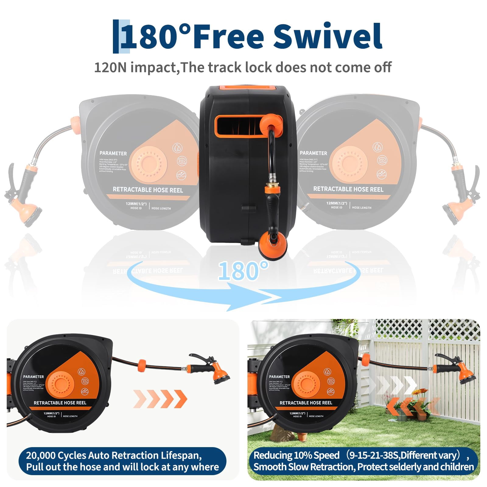 SOLLED Retractable Garden Hose Reel 130 ft 1/2 Inch Wall Mounted with 10-Function Nozzle Any Length Lock Automatic Rewind for Yard Lawn Patio Green