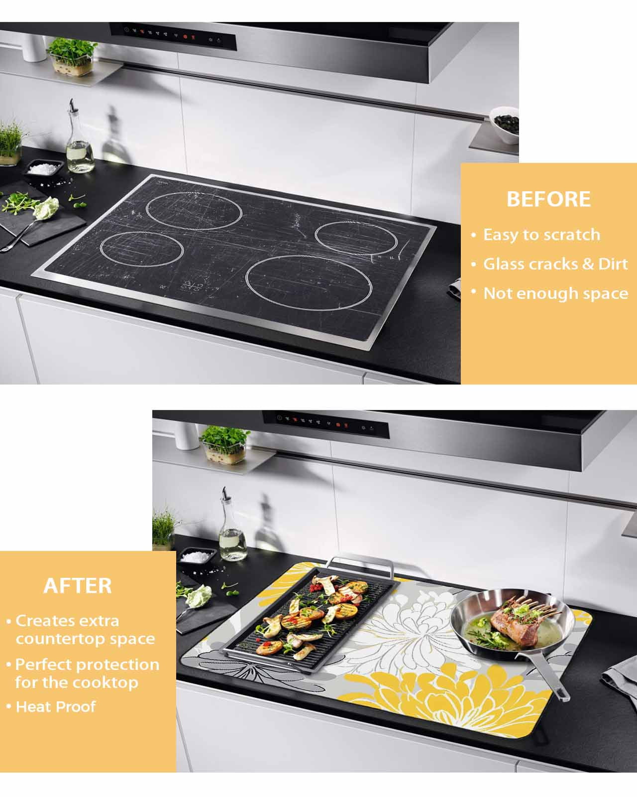 nqOlkjepod Large Induction Cooktop Protector Mat 24"x21", Yellow Flowers Stove Top Covers for Electric Stove, Retro Country Pastoral Garden Florals Stove Burner Cover Mats, Glass Top Stove Cover