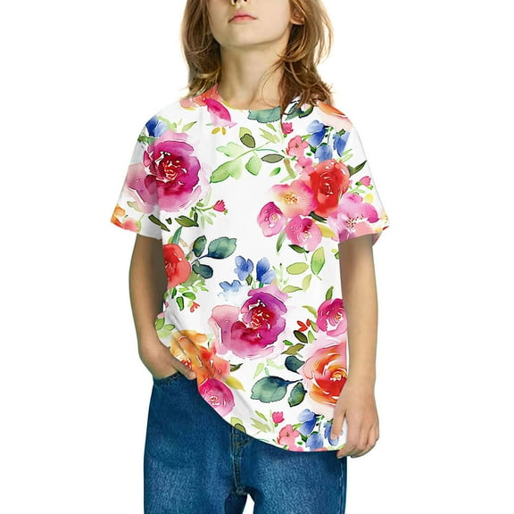 Frwgonr Girls Crew Neck T-shirts Short Sleeve Flower T Shirts Kids Crew Neck Casual Loose Summer Tops Size 3T-10, Multicolor