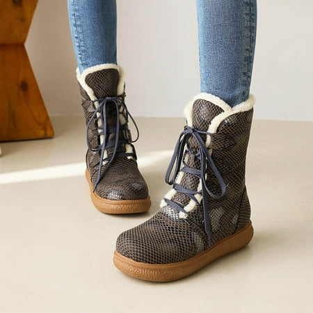 

Bnwani Boots for Women Boots With Cross-lacing Padded Cotton Boots Snake Print Flat Heel Ankle Boots Party Coffee 7