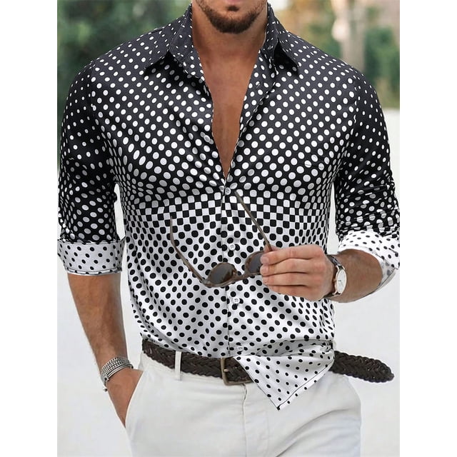 Camisa de hombre con estampado de lunares, cuello negro, blanco, azul y morado, ropa informal de calle de manga larga, diseño de moda urbana
