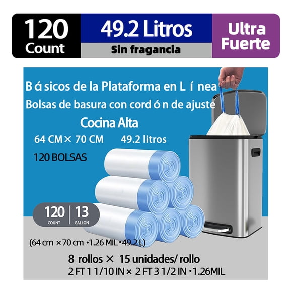 Dutrong 13 Galones Bolsas Para Basura de Cuerda, 50 Litros, Blanco, Sin Aroma,64×70cm, 120 Unidades