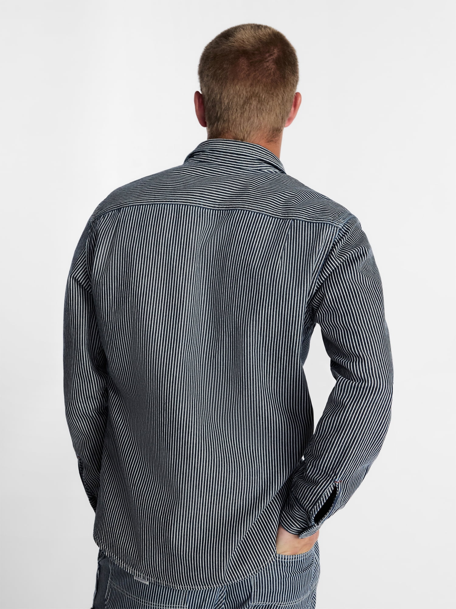 Kacey Lee Men's Workwear Striped Denim Shirt with Long Sleeves, Sizes S-2XL