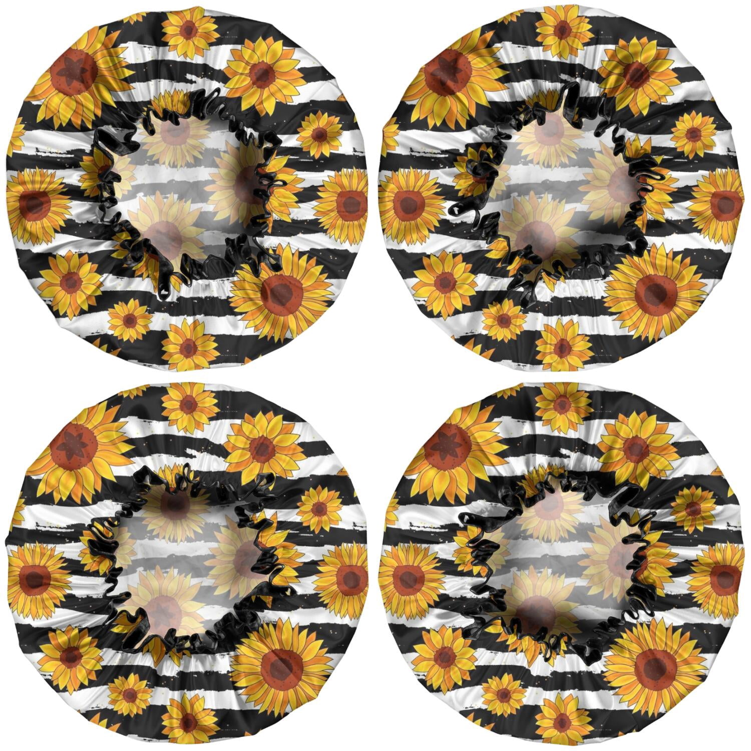 Shower Caps,Black White Striped Sunflower Pattern Waterproof Shower Cap for Women 4 Pieces,Double Reusable Hair Cover for Shower PEVA Elastic Stretch Hem