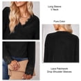 thumbnail image 5 of Women V Neck Shirts Lace Patchwork Drop Shoulder Sleeves T Shirt Pure Color Long Sleeves Pullover Black S, 5 of 6
