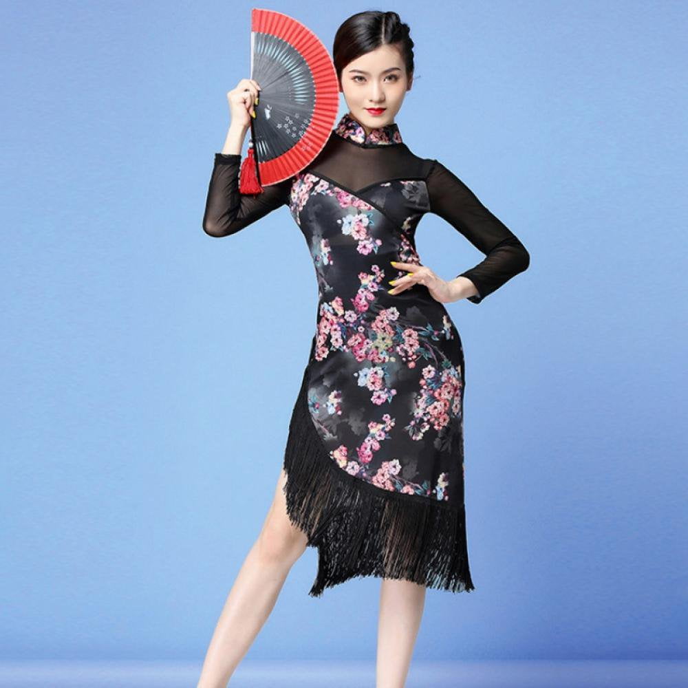Cheongsam Qipao Inspired Fringe Latin Dance Party Costume Dress with Slit without paper fan Walmart