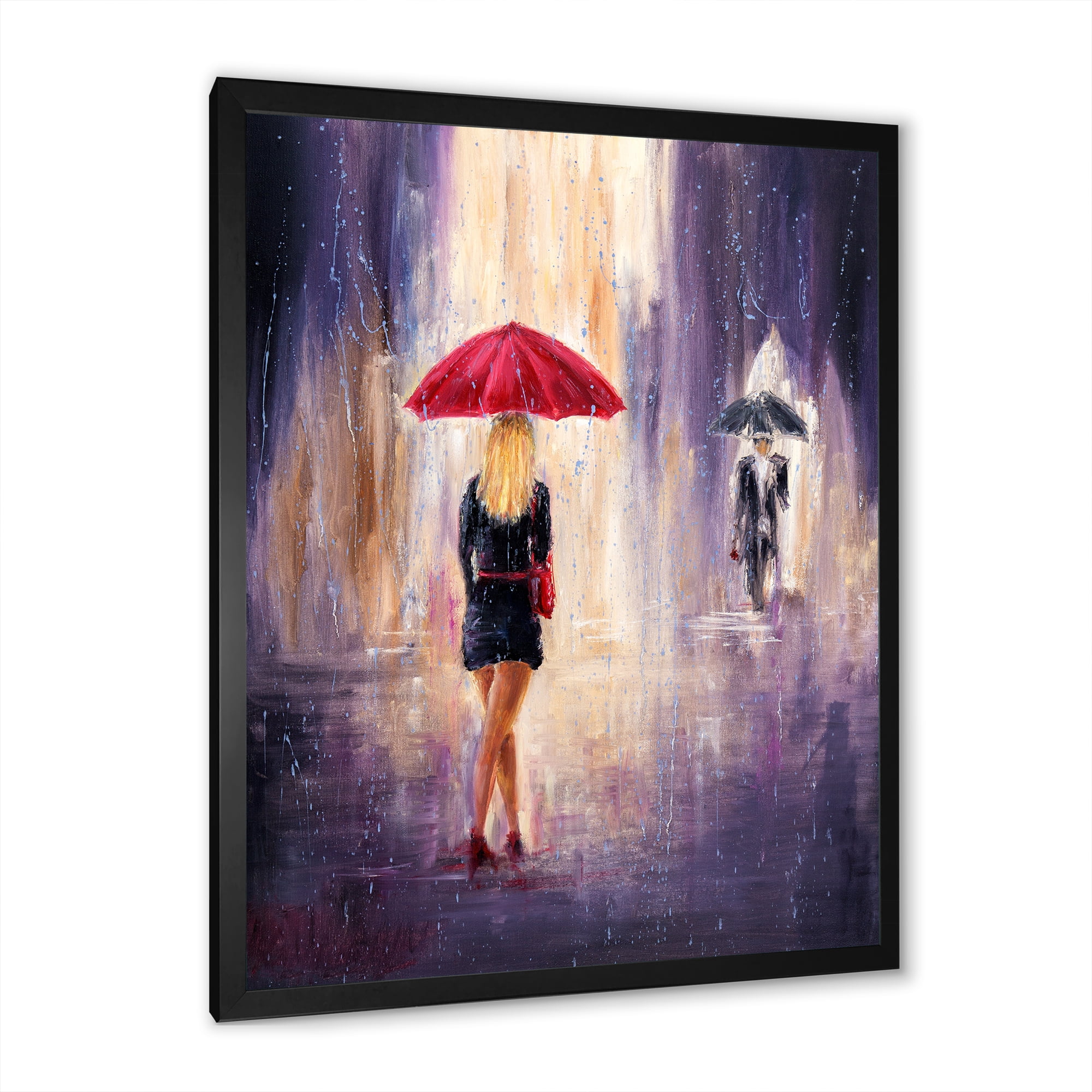 Designart 'The Girl With The Umbrella Walking In The Rain II' French Country Framed Art Print