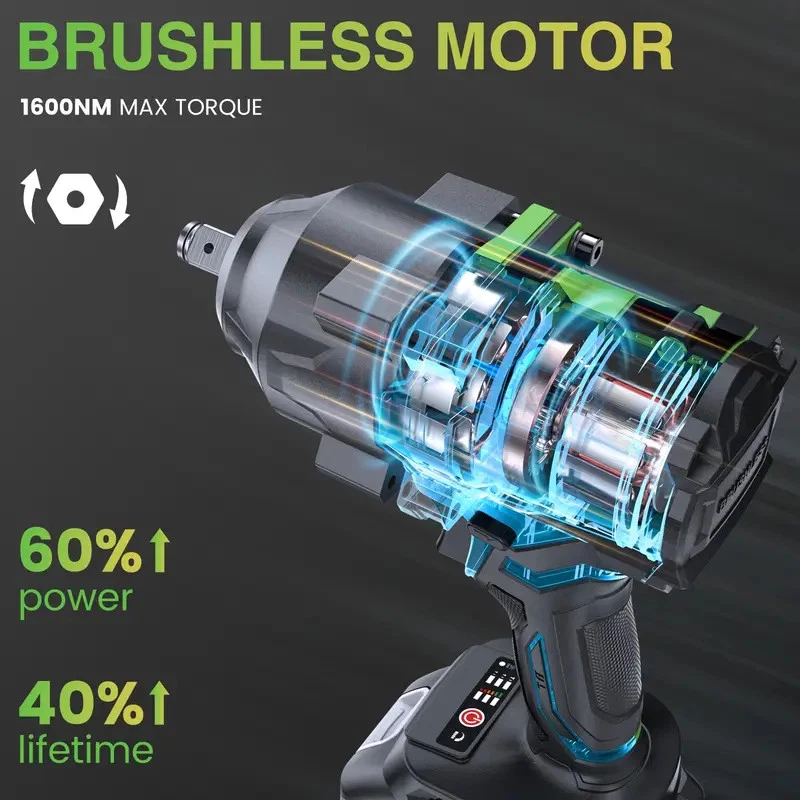 TaskStar 1/2" Brushless Electric Impact Wrench, 1180 ft-lbs (1600Nm) High Torque Power Torque Wrench with 4.0Ah Battery & 8 Sockets