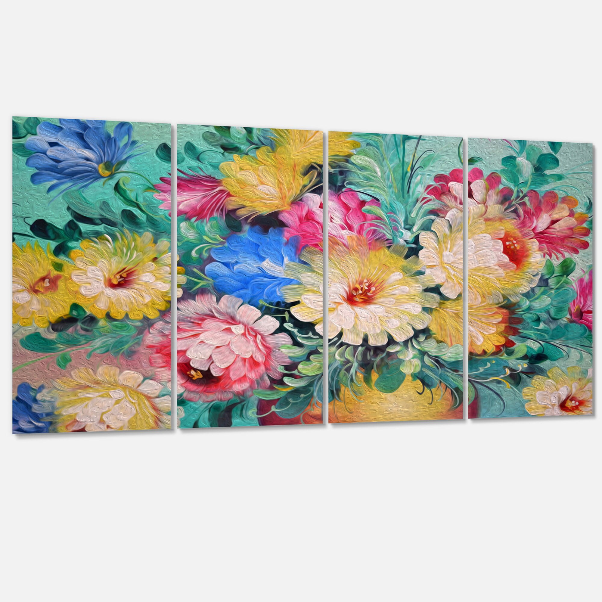 DESIGN ART Designart Circle Blue Flowers Digital Art on Wrapped Canvas set  48 in. wide x 28 in. high - 4 Panels 