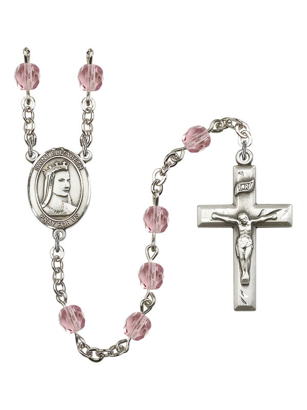 St and 1 3/8 x 3/4 inch Crucifix Elizabeth of Hungary Center Elizabeth of Hungary Rosary with 6mm Crystal Color Fire Polished Beads Gift Boxed Silver Finish St