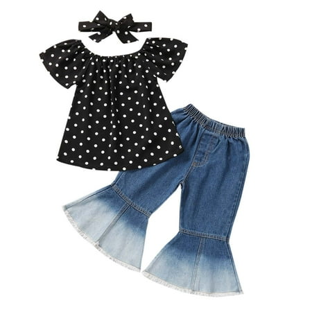 

KBKYBUYZ Baby Girl Summer Outfits Toddler Girls Summer Clothes One-shoulder Polka Top Flared Pants Suit On Sale