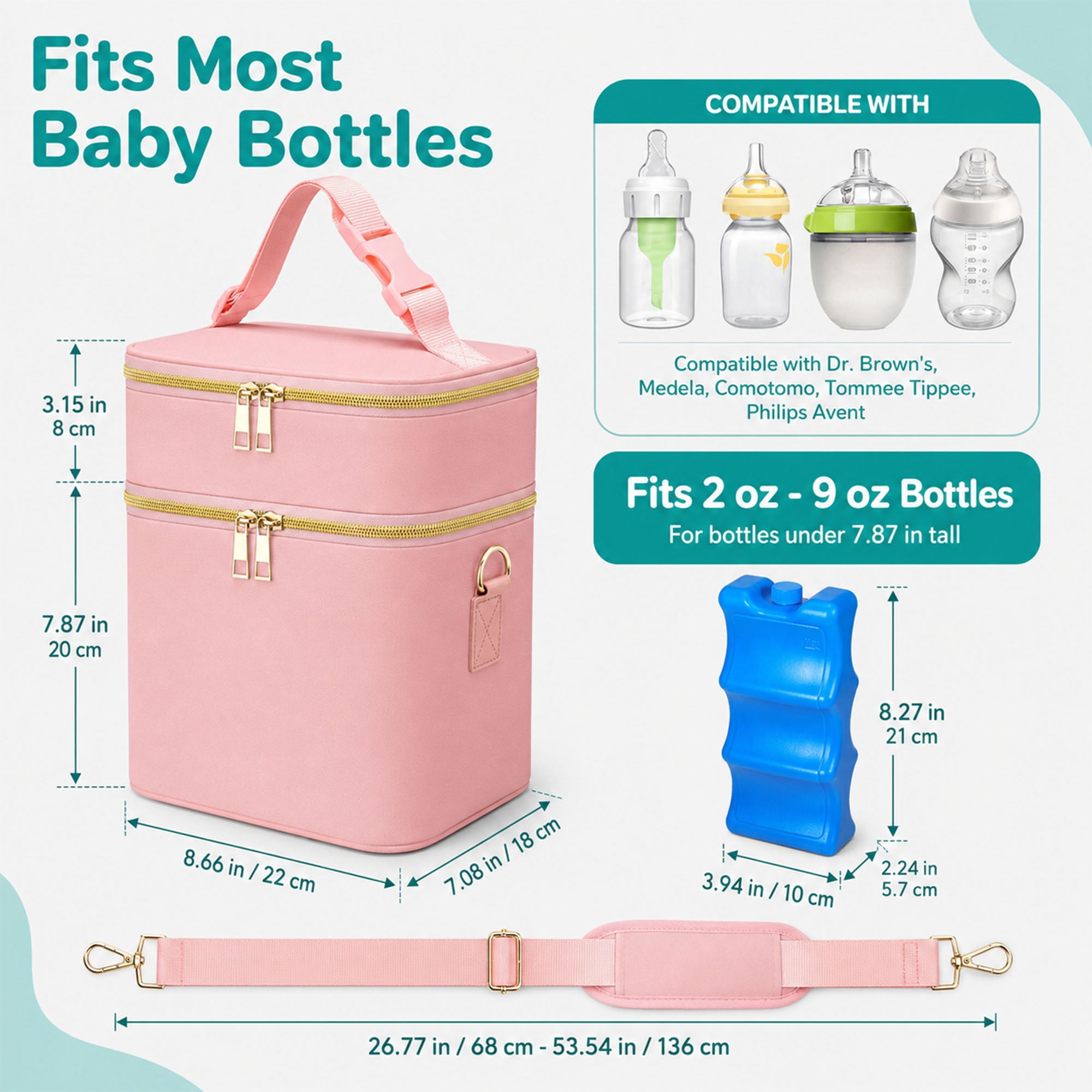 YESGIRL Breastmilk Cooler Bag with Ice Pack, 20-Hour Insulated Baby Bottle Tote Fits 6 x 9 oz Bottles, Double-Layer Bag for Work, Daycare & Travel